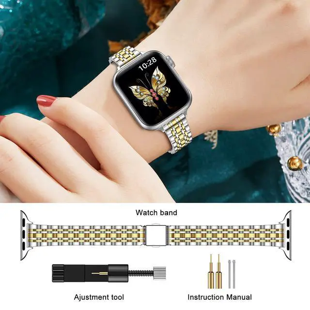 Alt view image 5 of 7 - Slim Metal Band Compatible with Apple Watch Band 42mm(Series 11 10) 41mm(Series 9 8 7) 40mm(Series 6 5 4 SE3/2/1) 38mm(Series 3 2 1),Stainless Steel iWatch Bands for Women,Silver/Gold