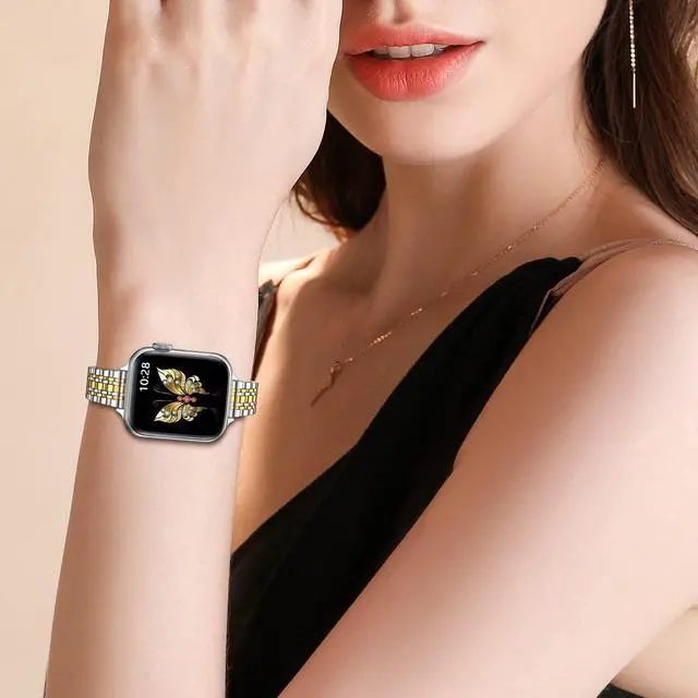 Alt view image 7 of 7 - Slim Metal Band Compatible with Apple Watch Band 42mm(Series 11 10) 41mm(Series 9 8 7) 40mm(Series 6 5 4 SE3/2/1) 38mm(Series 3 2 1),Stainless Steel iWatch Bands for Women,Silver/Gold