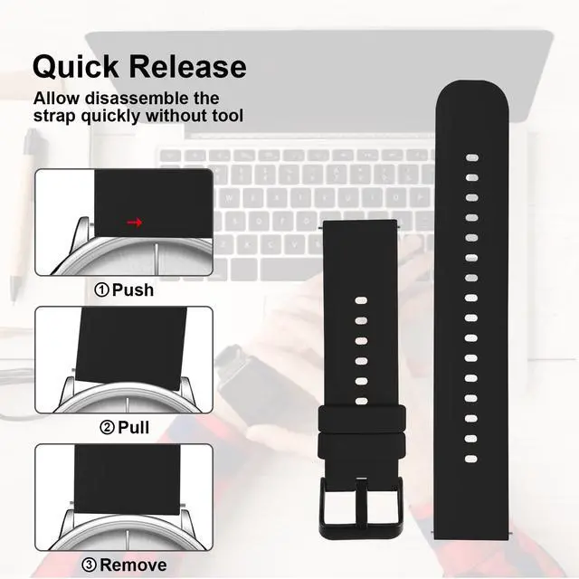Alt view image 2 of 7 - Silicone Watch Bands, Quick Release Waterproof Soft Rubber Replacement Straps with Silver Plated Stainless Steel Buckle Compatible with Smart Watch Sport Watch for Men Women (22mm, Black)
