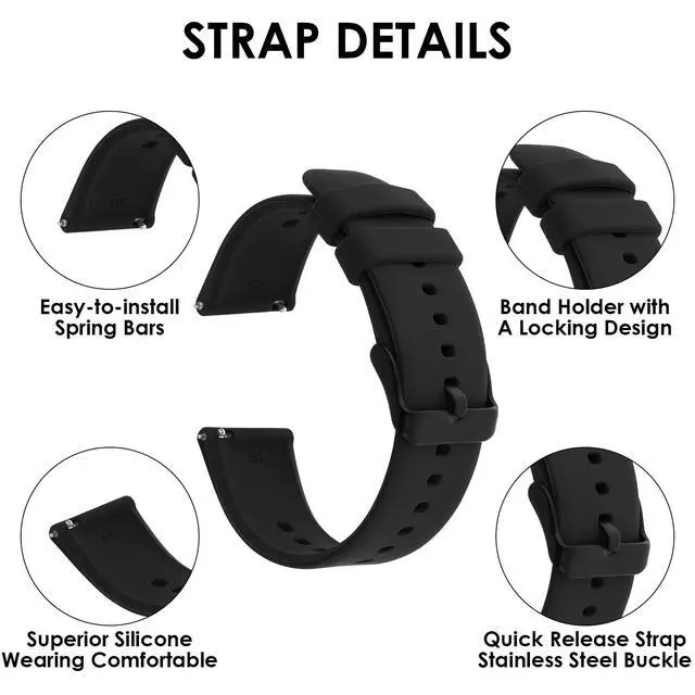 Alt view image 3 of 7 - Silicone Watch Bands, Quick Release Waterproof Soft Rubber Replacement Straps with Silver Plated Stainless Steel Buckle Compatible with Smart Watch Sport Watch for Men Women (22mm, Black)