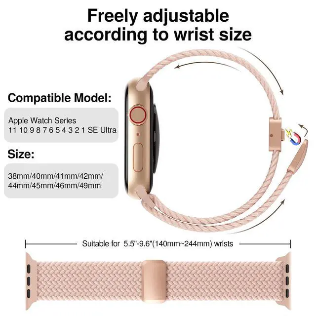 Alt view image 2 of 7 - Braided Stretchy Band Compatible with Apple Watch Bands 38mm 40mm 41mm 42mm 44mm 45mm 46mm 49mm Women Men, Soft Nylon Solo Loop Magnetic Sport Strap for iWatch Series 11 10 9 8 7 6 5 4 3 2 1 SE Ultra