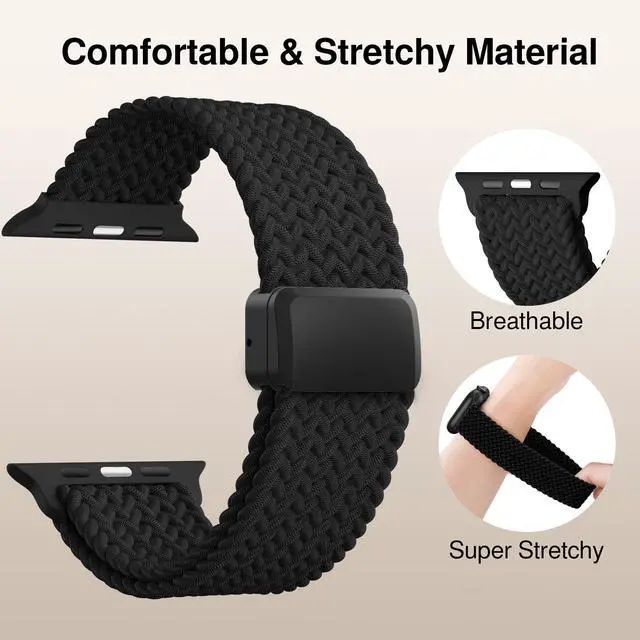 Alt view image 3 of 7 - Braided Stretchy Band Compatible with Apple Watch Bands 38mm 40mm 41mm 42mm 44mm 45mm 46mm 49mm Women Men, Soft Nylon Solo Loop Magnetic Sport Strap for iWatch Series 11 10 9 8 7 6 5 4 3 2 1 SE Ultra