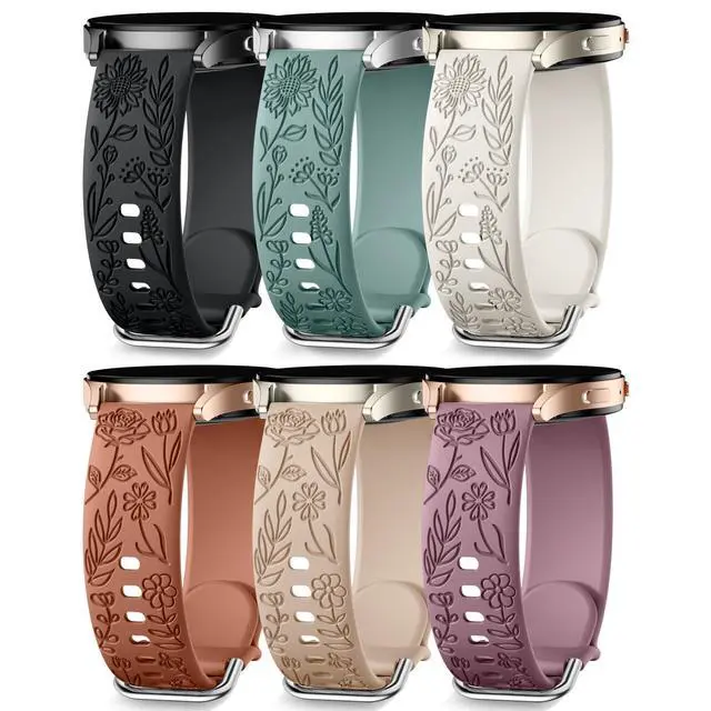 Main image of Floral Engraved Bands Compatible with Samsung Galaxy Watch 7 Band 6 5 4 Active 2 40mm 44mm/5 Pro/Watch 6/4 Classic, 6Pack 20mm Cute Flower Soft Silicone Sport Strap for Samsung Watch Bands Women