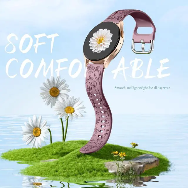 Alt view image 5 of 7 - Floral Engraved Bands Compatible with Samsung Galaxy Watch 7 Band 6 5 4 Active 2 40mm 44mm/5 Pro/Watch 6/4 Classic, 6Pack 20mm Cute Flower Soft Silicone Sport Strap for Samsung Watch Bands Women