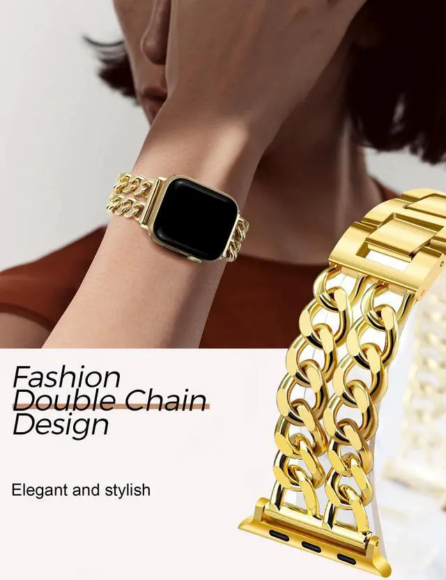 Alt view image 3 of 7 - Gold Watch Bands for Women Compatible with Apple Watch 38mm 40mm 41mm 42mm (S10/11) Adjustable Metal Band Cowboy Steel Chain Bracelet for iWatch Series1/2/3/4/5/6/7/8/9/10/11 SE 3/2/1 (No Case)