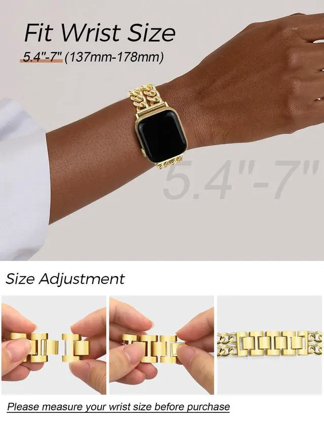 Alt view image 5 of 7 - Gold Watch Bands for Women Compatible with Apple Watch 38mm 40mm 41mm 42mm (S10/11) Adjustable Metal Band Cowboy Steel Chain Bracelet for iWatch Series1/2/3/4/5/6/7/8/9/10/11 SE 3/2/1 (No Case)