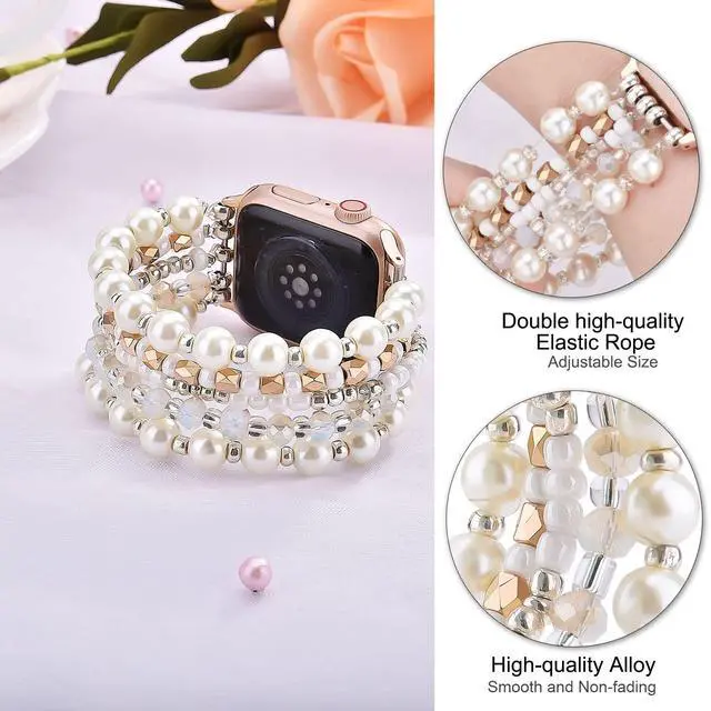 Alt view image 2 of 7 - Beaded Bracelet Compatible for Apple Watch Band 42mm/40mm/38mm/41mm Series 11 10 9 8 7 SE Series 6/5/4 Women Fashion Cute Handmade Pearl Stretchy Watch Strap for iWatch Bands Series 3/2/1