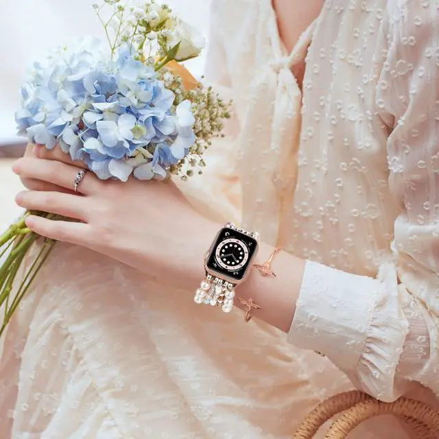 Alt view image 5 of 7 - Beaded Bracelet Compatible for Apple Watch Band 42mm/40mm/38mm/41mm Series 11 10 9 8 7 SE Series 6/5/4 Women Fashion Cute Handmade Pearl Stretchy Watch Strap for iWatch Bands Series 3/2/1
