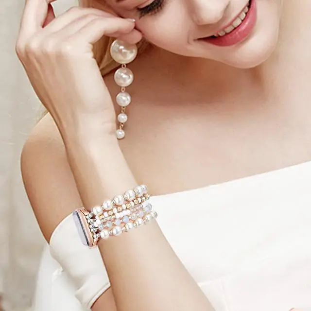 Alt view image 6 of 7 - Beaded Bracelet Compatible for Apple Watch Band 42mm/40mm/38mm/41mm Series 11 10 9 8 7 SE Series 6/5/4 Women Fashion Cute Handmade Pearl Stretchy Watch Strap for iWatch Bands Series 3/2/1
