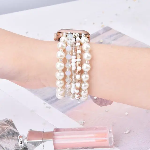 Alt view image 7 of 7 - Beaded Bracelet Compatible for Apple Watch Band 42mm/40mm/38mm/41mm Series 11 10 9 8 7 SE Series 6/5/4 Women Fashion Cute Handmade Pearl Stretchy Watch Strap for iWatch Bands Series 3/2/1