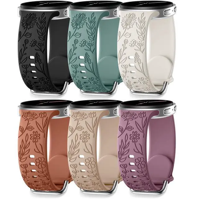 Main image of Floral Engraved Bands Compatible with Galaxy Watch 8 Band 40mm 44mm/Galaxy Watch 8 Classic Band 46mm, 6 Pack Cute Flower Soft Silicone Sport Replacement Strap for Samsung Watch 8 Bands Women Men