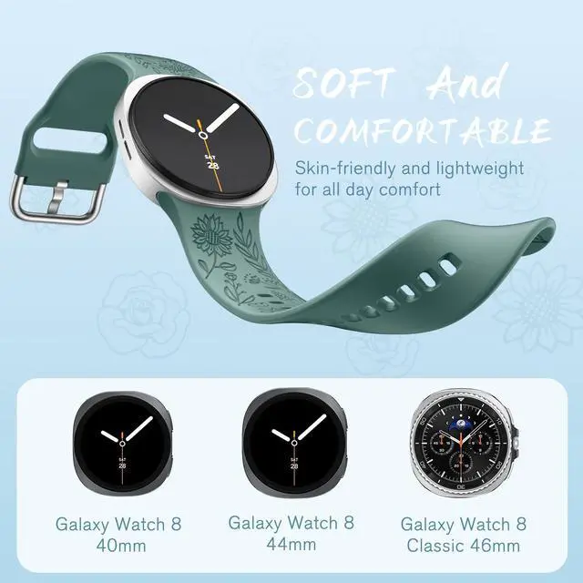 Alt view image 5 of 7 - Floral Engraved Bands Compatible with Galaxy Watch 8 Band 40mm 44mm/Galaxy Watch 8 Classic Band 46mm, 6 Pack Cute Flower Soft Silicone Sport Replacement Strap for Samsung Watch 8 Bands Women Men