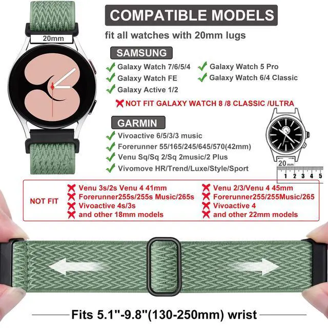 Alt view image 6 of 7 - 12 Pack Stretchy Bands for Samsung Galaxy Watch 7 Band 6 5 4 Active 2 FE 40mm 44mm/Watch 6/4 Classic/5 Pro, Garmin Vivoactive 6/5/3/Forerunner 55/165, 20mm Elastic Watch Strap for Garmin Women