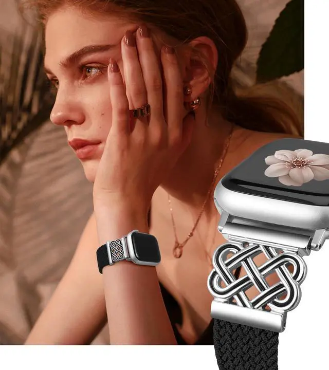 Alt view image 3 of 7 - Braided Magnetic Band Compatible with Apple Watch Bands 42/41/40/38mm Women Men, Dressy Celtic Metal Fancy Stretchy Elastic Bracelet Strap for iWatch Series 11 10 9 8 7 6 5 4 SE 3 2 1