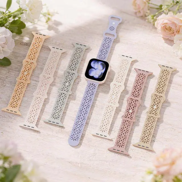 Alt view image 3 of 7 - 5 Pack Slim Lace Silicone Bands Compatible for Apple Watch Band 38mm 40mm 41mm 42mm 44mm 45mm 49mm, Thin Hollow-out Breathable Sport Strap for iWatch Ultra Series 8/7/SE/6/5/4/3/2/1 Women Men