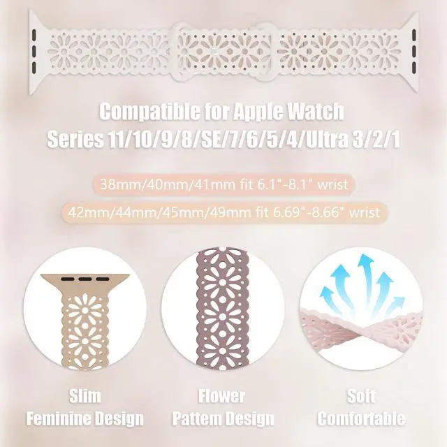 Alt view image 2 of 7 - 5 Pack Slim Lace Silicone Bands Compatible for Apple Watch Band 38mm 40mm 41mm 42mm 44mm 45mm 49mm, Thin Hollow-out Breathable Sport Strap for iWatch Ultra Series 8/7/SE/6/5/4/3/2/1 Women Men