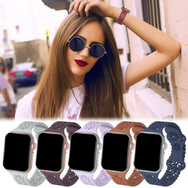 Alt view image 5 of 7 - 5 Pack Slim Lace Silicone Bands Compatible for Apple Watch Band 38mm 40mm 41mm 42mm 44mm 45mm 49mm, Thin Hollow-out Breathable Sport Strap for iWatch Ultra Series 8/7/SE/6/5/4/3/2/1 Women Men