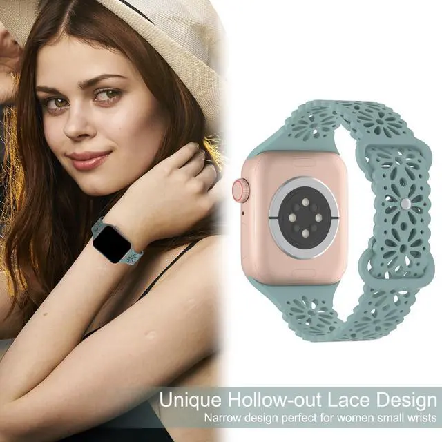 Alt view image 4 of 7 - 5 Pack Slim Lace Silicone Bands Compatible for Apple Watch Band 38mm 40mm 41mm 42mm 44mm 45mm 49mm, Thin Hollow-out Breathable Sport Strap for iWatch Ultra Series 8/7/SE/6/5/4/3/2/1 Women Men