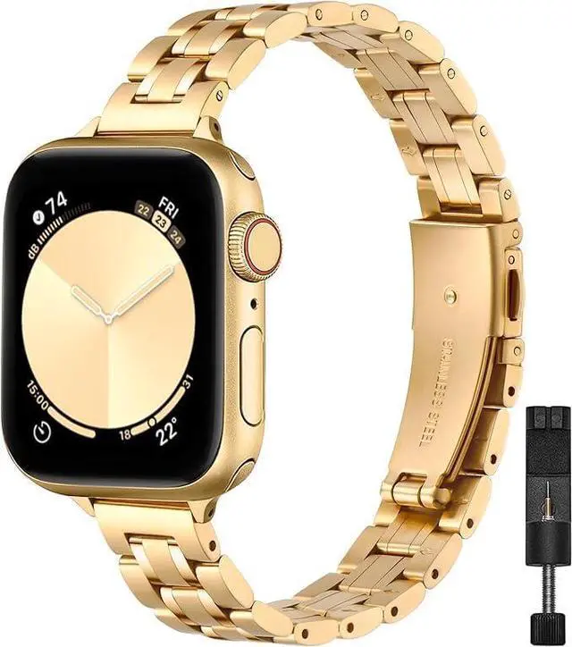 Main image of Thin Replacement Band Compatible for Apple Watch 38mm 40mm 41mm 42mm(Series 11 10), Stainless Steel Metal Wristband Women Men for iWatch SE Series 9 8 7 6 5 4 3 2 1, Gold