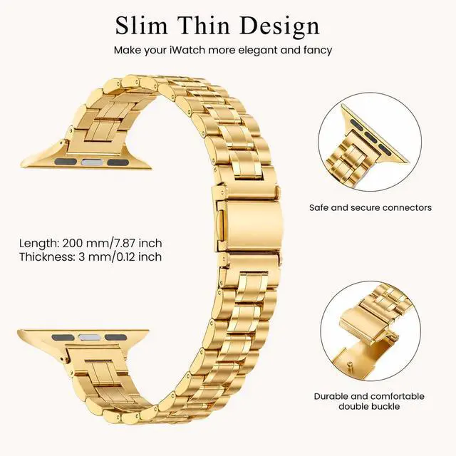 Alt view image 3 of 7 - Thin Replacement Band Compatible for Apple Watch 38mm 40mm 41mm 42mm(Series 11 10), Stainless Steel Metal Wristband Women Men for iWatch SE Series 9 8 7 6 5 4 3 2 1, Gold