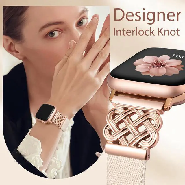 Alt view image 2 of 6 - Magnetic Stretchy Band Compatible with Apple Watch Bands 38/40/41/42mm Women Men, Celtic Knot Soft Elastic Nylon Strap for iWatch Series 11 10 9 8 7 6 5 4 SE/Ultra 3 2 1, Starlight/Rose Gold