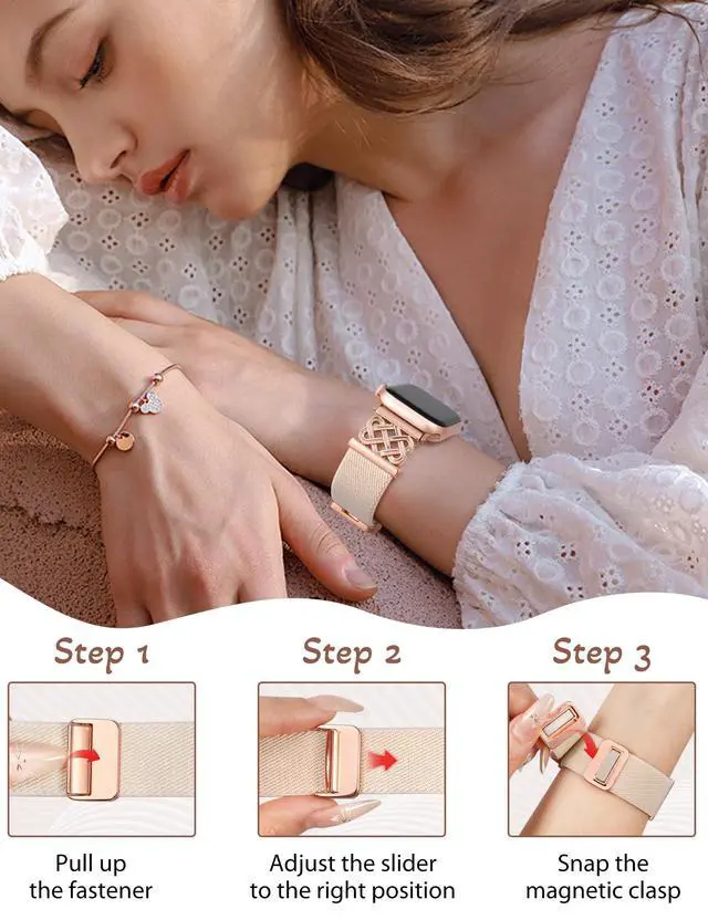 Alt view image 5 of 6 - Magnetic Stretchy Band Compatible with Apple Watch Bands 38/40/41/42mm Women Men, Celtic Knot Soft Elastic Nylon Strap for iWatch Series 11 10 9 8 7 6 5 4 SE/Ultra 3 2 1, Starlight/Rose Gold