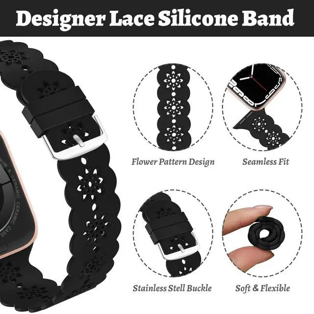 Alt view image 2 of 7 - Floral Silicone Band Compatible with Apple Watch Bands 38mm 40mm 42mm 44mm 41mm 45mm 49mm Women Men, Slim Hollow-Out Design Wristbands Soft Sport Breathable Watch Bands for iWatch Ultra SE Series