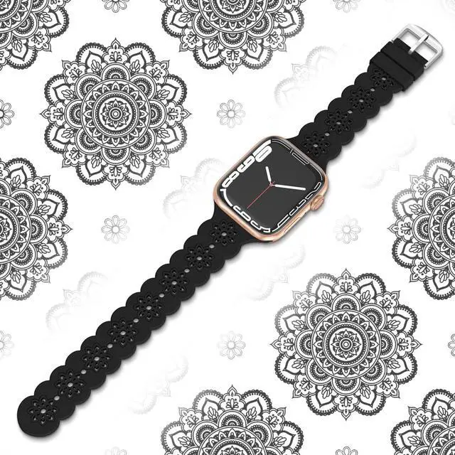 Alt view image 3 of 7 - Floral Silicone Band Compatible with Apple Watch Bands 38mm 40mm 42mm 44mm 41mm 45mm 49mm Women Men, Slim Hollow-Out Design Wristbands Soft Sport Breathable Watch Bands for iWatch Ultra SE Series
