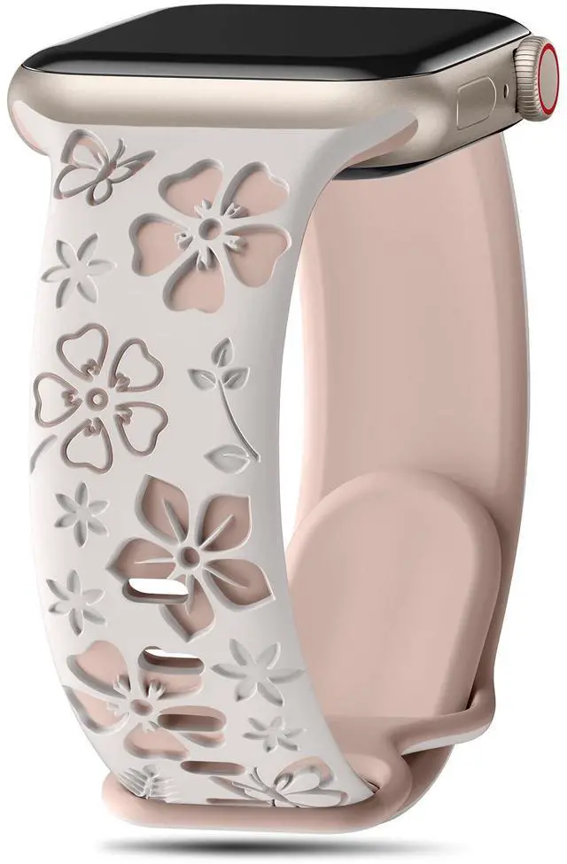 Main image of Floral Engraved Band Compatible with Apple Watch Band Women 40mm 38mm 41mm, Soft Silicone Two-Tone Flower Sport Strap for iWatch Series 10 9 8 7 6 5 4 3 2 1 SE Ultra-SLMT