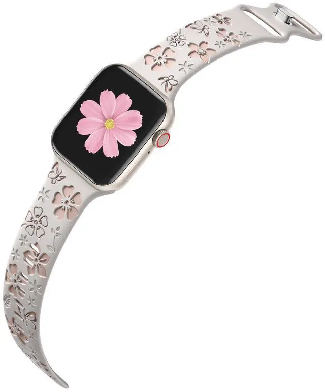 Alt view image 3 of 7 - Floral Engraved Band Compatible with Apple Watch Band Women 40mm 38mm 41mm, Soft Silicone Two-Tone Flower Sport Strap for iWatch Series 10 9 8 7 6 5 4 3 2 1 SE Ultra-SLMT