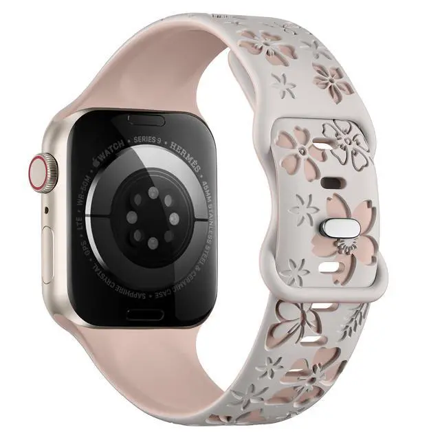 Alt view image 2 of 7 - Floral Engraved Band Compatible with Apple Watch Band Women 40mm 38mm 41mm, Soft Silicone Two-Tone Flower Sport Strap for iWatch Series 10 9 8 7 6 5 4 3 2 1 SE Ultra-SLMT