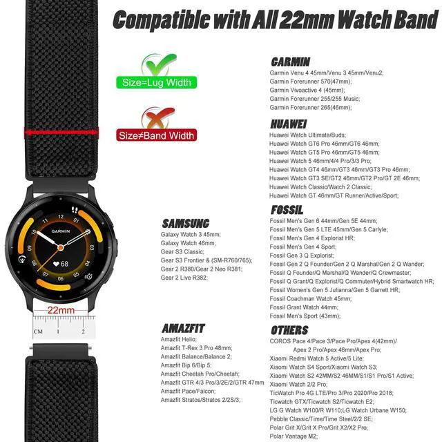 Alt view image 2 of 7 - 22mm Width Watch Lugs Band Compatible with Garmin Venu 4 45 mm/3 45 mm/Venu 2/Forerunner 265/255/Amazfit Bip 6/Bip 5 Quick Release Adjustable Stretchy Nylon Sport Elastic Bands for Men Women