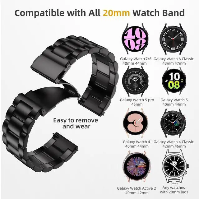Alt view image 2 of 7 - Compatible with Samsung Galaxy Watch 7 6 5 4 Band 44mm 40mm/Galaxy Watch 6 4 Classic Band 43mm 47mm 46mm 42mm/Active 2 40mm 44mm, 20mm Stainless Steel Metal Replacement Men Women