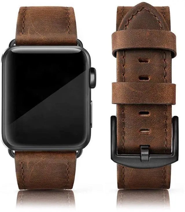 Main image of Leather Bands Compatible with Apple Watch 46mm 45mm 44mm 42mm(Series 1 2 3) Band Men Women, Vintage Genuine Leather Wristband Replacement Band Compatible for Apple Watch iwatch