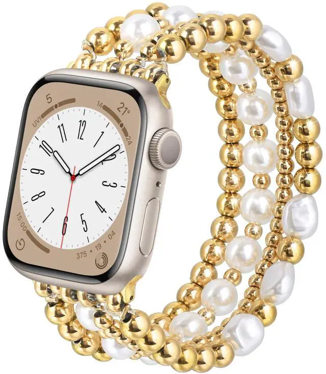 Main image of Gold Beaded Bracelets Compatible for Apple Watch Bands 38mm 40mm 41mm 42mm for Women, Fashion Handmade Dressy iPhone Watch Bands Stainless Steel Beads Elastic Strap for iWatch