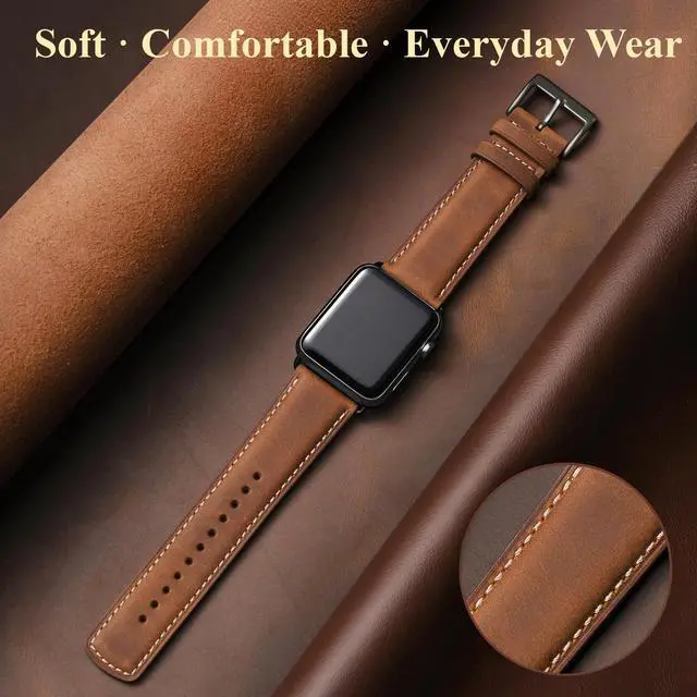 Alt view image 2 of 7 - Leather Bands Compatible with Apple Watch Band 42mm(Series 3 2 1) 44mm 45mm 46mm 49mm for Men Women, Top Grain Genuine Leather Replacement Strap for iWatch Ultra 3 2 1, SE3 2 1,