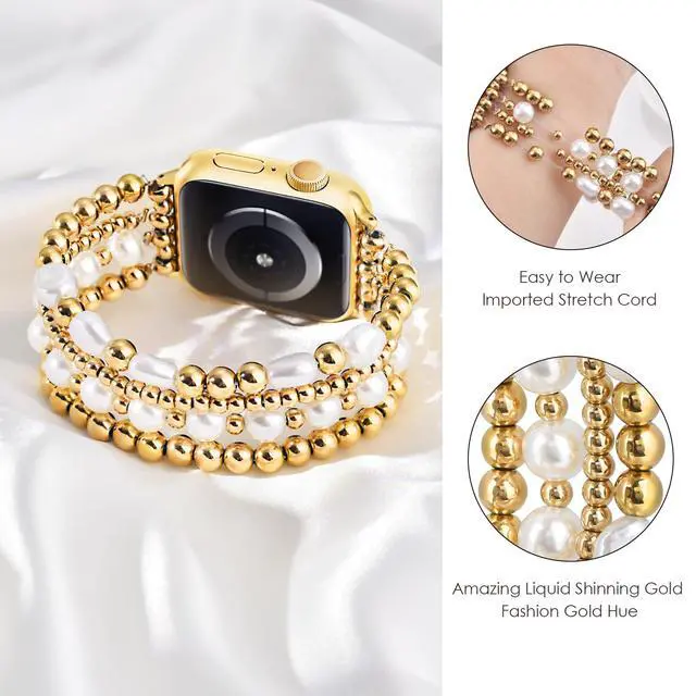 Alt view image 2 of 7 - Gold Beaded Bracelets Compatible for Apple Watch Bands 38mm 40mm 41mm 42mm for Women, Fashion Handmade Dressy iPhone Watch Bands Stainless Steel Beads Elastic Strap for iWatch