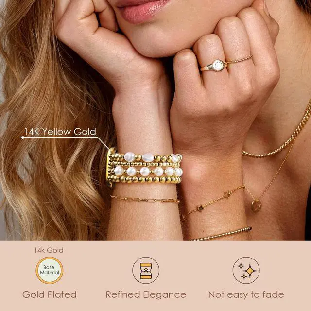 Alt view image 3 of 7 - Gold Beaded Bracelets Compatible for Apple Watch Bands 38mm 40mm 41mm 42mm for Women, Fashion Handmade Dressy iPhone Watch Bands Stainless Steel Beads Elastic Strap for iWatch