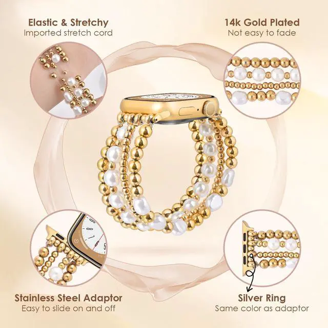Alt view image 5 of 7 - Gold Beaded Bracelets Compatible for Apple Watch Bands 38mm 40mm 41mm 42mm for Women, Fashion Handmade Dressy iPhone Watch Bands Stainless Steel Beads Elastic Strap for iWatch