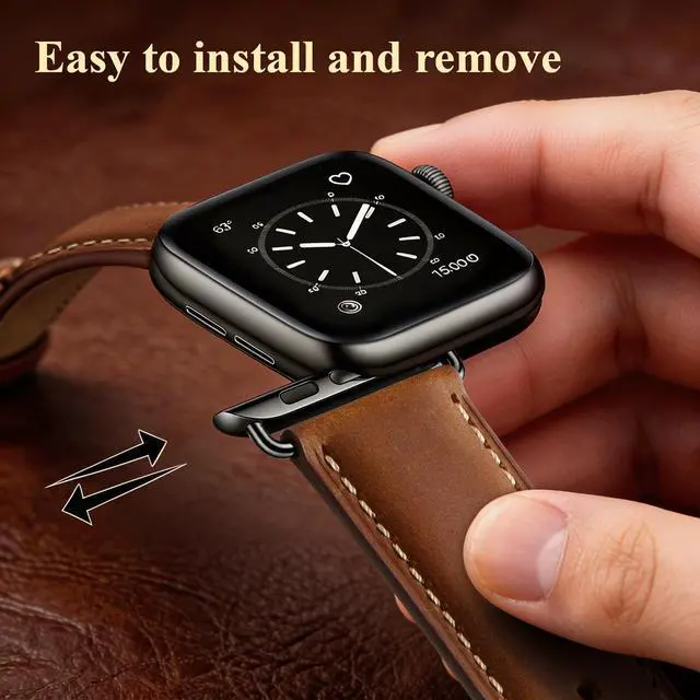 Alt view image 3 of 7 - Leather Bands Compatible with Apple Watch Band 42mm(Series 3 2 1) 44mm 45mm 46mm 49mm for Men Women, Top Grain Genuine Leather Replacement Strap for iWatch Ultra 3 2 1, SE3 2 1,