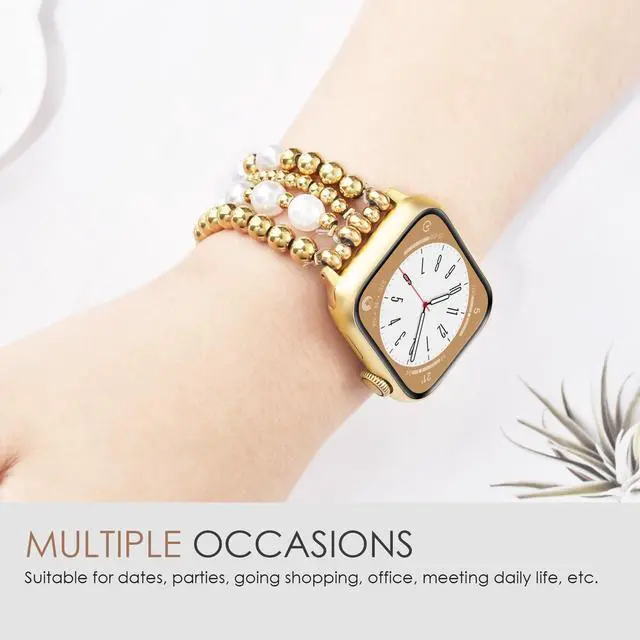 Alt view image 7 of 7 - Gold Beaded Bracelets Compatible for Apple Watch Bands 38mm 40mm 41mm 42mm for Women, Fashion Handmade Dressy iPhone Watch Bands Stainless Steel Beads Elastic Strap for iWatch