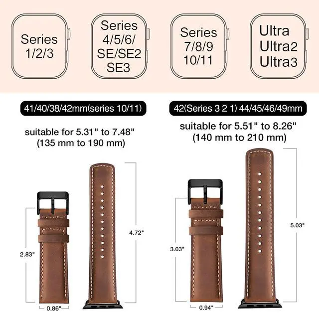 Alt view image 6 of 7 - Leather Bands Compatible with Apple Watch Band 42mm(Series 3 2 1) 44mm 45mm 46mm 49mm for Men Women, Top Grain Genuine Leather Replacement Strap for iWatch Ultra 3 2 1, SE3 2 1,