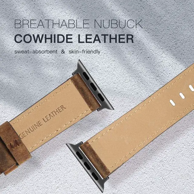 Alt view image 4 of 7 - Leather Bands Compatible with Apple Watch 46mm 45mm 44mm 42mm(Series 1 2 3) Band Men Women, Vintage Genuine Leather Wristband Replacement Band Compatible for Apple Watch iwatch