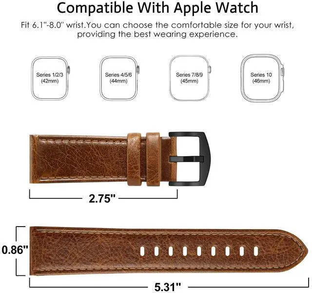 Alt view image 2 of 7 - Leather Bands Compatible with Apple Watch 46mm 45mm 44mm 42mm(Series 1 2 3) Band Men Women, Vintage Genuine Leather Wristband Replacement Band Compatible for Apple Watch iwatch