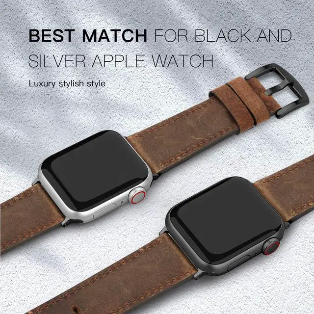 Alt view image 6 of 7 - Leather Bands Compatible with Apple Watch 46mm 45mm 44mm 42mm(Series 1 2 3) Band Men Women, Vintage Genuine Leather Wristband Replacement Band Compatible for Apple Watch iwatch