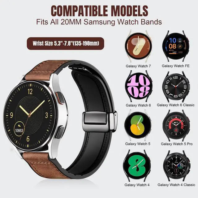 Alt view image 5 of 7 - Magnetic Leather Bands Compatible with Samsung Galaxy Watch 7 Band 6 5 4 FE Active 2 40mm 44mm/Watch 6/4 Classic/Watch 5 Pro/3, 20mm Genuine Leather Straps for Samsung Watch Bands Men Women
