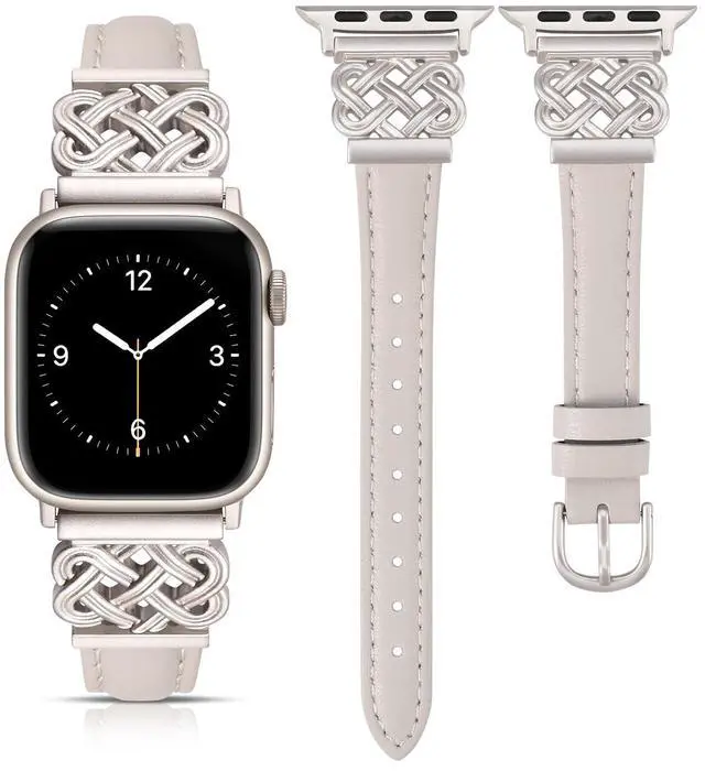 Main image of Compatible with Apple Watch Bands Women 38/40/41/42mm Dressy Slim Leather Strap with Designer Celtic Knot Interlock Buckle Bracelet for iWatch Series 11 10 9 8 7 6 5 4 SE 3 2 1, Starlight