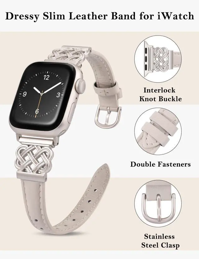 Alt view image 2 of 6 - Compatible with Apple Watch Bands Women 38/40/41/42mm Dressy Slim Leather Strap with Designer Celtic Knot Interlock Buckle Bracelet for iWatch Series 11 10 9 8 7 6 5 4 SE 3 2 1, Starlight