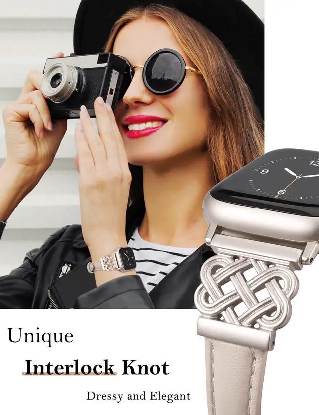 Alt view image 3 of 6 - Compatible with Apple Watch Bands Women 38/40/41/42mm Dressy Slim Leather Strap with Designer Celtic Knot Interlock Buckle Bracelet for iWatch Series 11 10 9 8 7 6 5 4 SE 3 2 1, Starlight