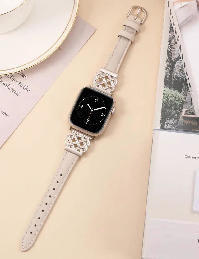 Alt view image 4 of 6 - Compatible with Apple Watch Bands Women 38/40/41/42mm Dressy Slim Leather Strap with Designer Celtic Knot Interlock Buckle Bracelet for iWatch Series 11 10 9 8 7 6 5 4 SE 3 2 1, Starlight